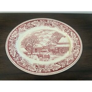 Vintage Homer Laughlin currier & Ives‎ Red Oval Serving Platter Thanksgiving